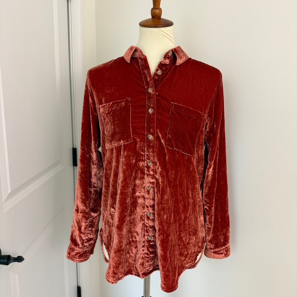 Pilcro The Hadley Velvet‎ Relaxed Button Down Shirt Burnt Orange Women's XS